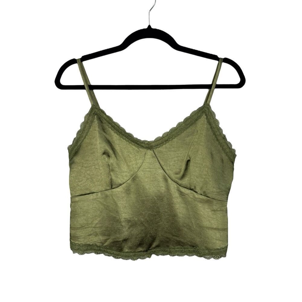 Willow & Root Women’s‎ Medium Tank Top Green Satin Ruched Lace V-Neck